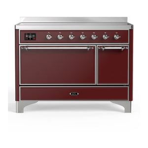 ILVE Majestic III 48-Inch Induction Range with 6 Induction Elements, 5.02 cu. ft. Oven, Burgundy with Chrome Trim, Solid Door, UMIB48QNR3BUC