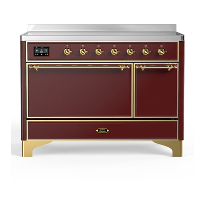 ILVE Majestic III 48-Inch Induction Range with 6 Induction Elements, 5.02 cu. ft. Oven, Burgundy with Brass Trim, Solid Door, UMIB48QNR3BUG