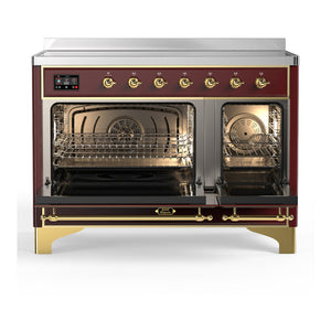 ILVE Majestic III 48-Inch Induction Range with 6 Induction Elements, 5.02 cu. ft. Oven, Burgundy with Brass Trim, Solid Door, UMIB48QNR3BUG