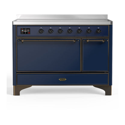 ILVE Majestic III 48-Inch Induction Range with 6 Induction Elements, 5.02 cu. ft. Oven, Mightnight Blue with Burnished Trim, Solid Door, UMIB48QNR3MBB