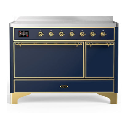 ILVE Majestic III 48-Inch Induction Range with 6 Induction Elements, 5.02 cu. ft. Oven, Mightnight Blue with Brass Trim, Solid Door, UMIB48QNR3MBG