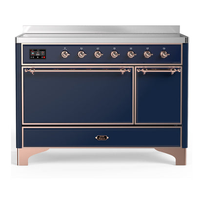 ILVE Majestic III 48-Inch Induction Range with 6 Induction Elements, 5.02 cu. ft. Oven, Mightnight Blue with Copper Trim, Solid Door, UMIB48QNR3MBP