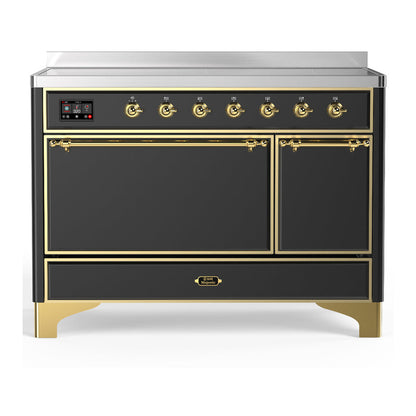 ILVE Majestic III 48-Inch Induction Range with 6 Induction Elements, 5.02 cu. ft. Oven, Matte Graphite with Brass Trim, Solid Door, UMIB48QNR3MGG