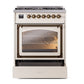 ILVE Nostalgie II 30-Inch Dual Fuel Range with 5 Sealed Burners, 4 cu. ft. Oven, Antique White with Burnished Trim, Liquid Propane, Triple Glass Door, UN30NMPAWBLP