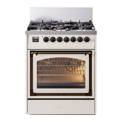 ILVE Nostalgie II 30-Inch Dual Fuel Range with 5 Sealed Burners, 4 cu. ft. Oven, Antique White with Burnished Trim, Natural Gas, Triple Glass Door, UN30NMPAWB