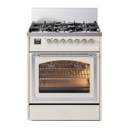 ILVE Nostalgie II 30-Inch Dual Fuel Range with 5 Sealed Burners, 4 cu. ft. Oven, Antique White with Chrome Trim, Natural Gas, Triple Glass Door, UN30NMPAWC