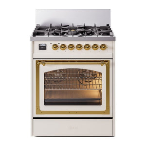 ILVE Nostalgie II 30-Inch Dual Fuel Range with 5 Sealed Burners, 4 cu. ft. Oven, Antique White with Brass Trim, Liquid Propane, Triple Glass Door, UN30NMPAWGLP