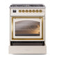 ILVE Nostalgie II 30-Inch Dual Fuel Range with 5 Sealed Burners, 4 cu. ft. Oven, Antique White with Brass Trim, Natural Gas, Triple Glass Door, UN30NMPAWG