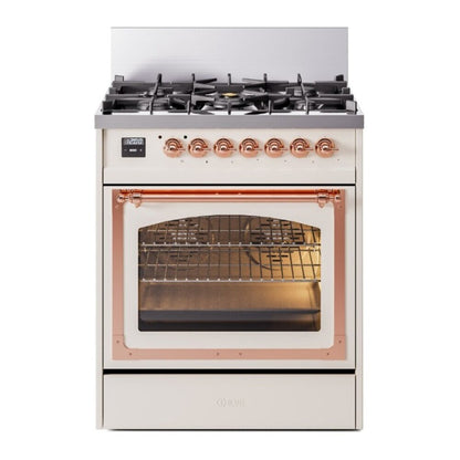 ILVE Nostalgie II 30-Inch Dual Fuel Range with 5 Sealed Burners, 4 cu. ft. Oven, Antique White with Copper Trim, Natural Gas, Triple Glass Door, UN30NMPAWP