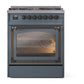 ILVE Nostalgie II 30-Inch Dual Fuel Range with 5 Sealed Burners, 4 cu. ft. Oven, Blue Grey with Burnished Trim, Liquid Propane, Triple Glass Door, UN30NMPBGBLP