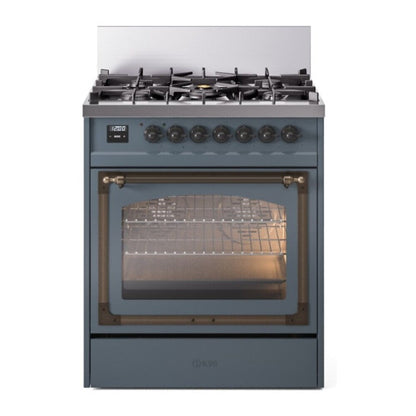 ILVE Nostalgie II 30-Inch Dual Fuel Range with 5 Sealed Burners, 4 cu. ft. Oven, Blue Grey with Burnished Trim, Natural Gas, Triple Glass Door, UN30NMPBGB
