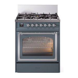 ILVE Nostalgie II 30-Inch Dual Fuel Range with 5 Sealed Burners, 4 cu. ft. Oven, Blue Grey with Chrome Trim, Liquid Propane, Triple Glass Door, UN30NMPBGCLP