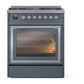 ILVE Nostalgie II 30-Inch Dual Fuel Range with 5 Sealed Burners, 4 cu. ft. Oven, Blue Grey with Chrome Trim, Liquid Propane, Triple Glass Door, UN30NMPBGCLP