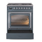 ILVE Nostalgie II 30-Inch Dual Fuel Range with 5 Sealed Burners, 4 cu. ft. Oven, Blue Grey with Chrome Trim, Natural Gas, Triple Glass Door, UN30NMPBGC