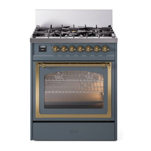 ILVE Nostalgie II 30-Inch Dual Fuel Range with 5 Sealed Burners, 4 cu. ft. Oven, Blue Grey with Brass Trim, Liquid Propane, Triple Glass Door, UN30NMPBGGLP