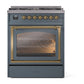 ILVE Nostalgie II 30-Inch Dual Fuel Range with 5 Sealed Burners, 4 cu. ft. Oven, Blue Grey with Brass Trim, Liquid Propane, Triple Glass Door, UN30NMPBGGLP