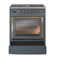 ILVE Nostalgie II 30-Inch Dual Fuel Range with 5 Sealed Burners, 4 cu. ft. Oven, Blue Grey with Brass Trim, Natural Gas, Triple Glass Door, UN30NMPBGG