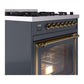 ILVE Nostalgie II 30-Inch Dual Fuel Range with 5 Sealed Burners, 4 cu. ft. Oven, Blue Grey with Brass Trim, Natural Gas, Triple Glass Door, UN30NMPBGG
