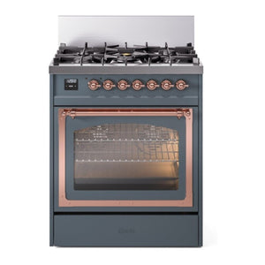 ILVE Nostalgie II 30-Inch Dual Fuel Range with 5 Sealed Burners, 4 cu. ft. Oven, Blue Grey with Copper Trim, Liquid Propane, Triple Glass Door, UN30NMPBGPLP
