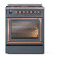 ILVE Nostalgie II 30-Inch Dual Fuel Range with 5 Sealed Burners, 4 cu. ft. Oven, Blue Grey with Copper Trim, Liquid Propane, Triple Glass Door, UN30NMPBGPLP