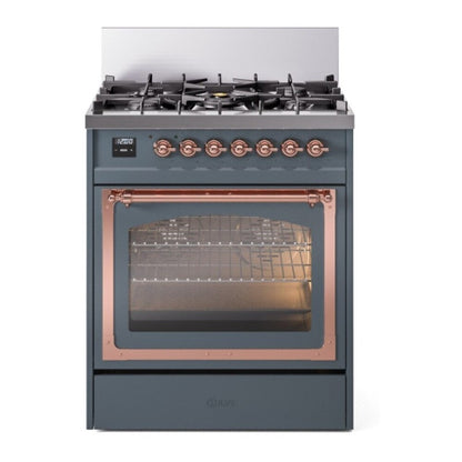 ILVE Nostalgie II 30-Inch Dual Fuel Range with 5 Sealed Burners, 4 cu. ft. Oven, Blue Grey with Copper Trim, Natural Gas, Triple Glass Door, UN30NMPBGP