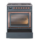 ILVE Nostalgie II 30-Inch Dual Fuel Range with 5 Sealed Burners, 4 cu. ft. Oven, Blue Grey with Copper Trim, Natural Gas, Triple Glass Door, UN30NMPBGP