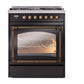 ILVE Nostalgie II 30-Inch Dual Fuel Range with 5 Sealed Burners, 4 cu. ft. Oven, Glossy Black with Burnished Trim, Liquid Propane, Triple Glass Door, UN30NMPBKBLP