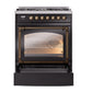 ILVE Nostalgie II 30-Inch Dual Fuel Range with 5 Sealed Burners, 4 cu. ft. Oven, Glossy Black with Burnished Trim, Natural Gas, Triple Glass Door, UN30NMPBKB