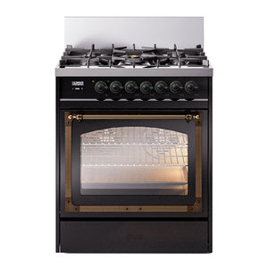 ILVE Nostalgie II 30-Inch Dual Fuel Range with 5 Sealed Burners, 4 cu. ft. Oven, Glossy Black with Burnished Trim, Natural Gas, Triple Glass Door, UN30NMPBKB