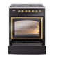 ILVE Nostalgie II 30-Inch Dual Fuel Range with 5 Sealed Burners, 4 cu. ft. Oven, Glossy Black with Brass Trim, Liquid Propane, Triple Glass Door, UN30NMPBKGLP