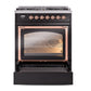ILVE Nostalgie II 30-Inch Dual Fuel Range with 5 Sealed Burners, 4 cu. ft. Oven, Glossy Black with Copper Trim, Liquid Propane, Triple Glass Door, UN30NMPBKPLP