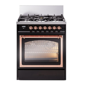 ILVE Nostalgie II 30-Inch Dual Fuel Range with 5 Sealed Burners, 4 cu. ft. Oven, Glossy Black with Copper Trim, Natural Gas, Triple Glass Door, UN30NMPBKP