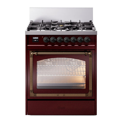ILVE Nostalgie II 30-Inch Dual Fuel Range with 5 Sealed Burners, 4 cu. ft. Oven, Burgundy with Burnished Trim, Natural Gas, Triple Glass Door, UN30NMPBUB