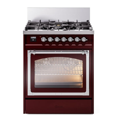 ILVE Nostalgie II 30-Inch Dual Fuel Range with 5 Sealed Burners, 4 cu. ft. Oven, Burgundy with Chrome Trim, Liquid Propane, Triple Glass Door, UN30NMPBUCLP