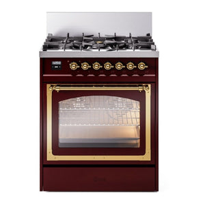 ILVE Nostalgie II 30-Inch Dual Fuel Range with 5 Sealed Burners, 4 cu. ft. Oven, Burgundy with Brass Trim, Natural Gas, Triple Glass Door, UN30NMPBUG