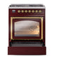 ILVE Nostalgie II 30-Inch Dual Fuel Range with 5 Sealed Burners, 4 cu. ft. Oven, Burgundy with Brass Trim, Natural Gas, Triple Glass Door, UN30NMPBUG