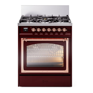 ILVE Nostalgie II 30-Inch Dual Fuel Range with 5 Sealed Burners, 4 cu. ft. Oven, Burgundy with Copper Trim, Liquid Propane, Triple Glass Door, UN30NMPBUPLP