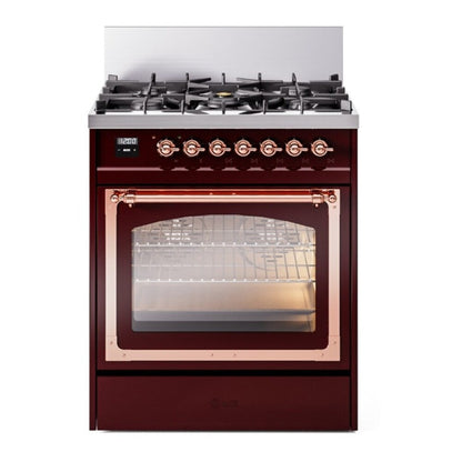 ILVE Nostalgie II 30-Inch Dual Fuel Range with 5 Sealed Burners, 4 cu. ft. Oven, Burgundy with Copper Trim, Natural Gas, Triple Glass Door, UN30NMPBUP