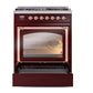 ILVE Nostalgie II 30-Inch Dual Fuel Range with 5 Sealed Burners, 4 cu. ft. Oven, Burgundy with Copper Trim, Natural Gas, Triple Glass Door, UN30NMPBUP