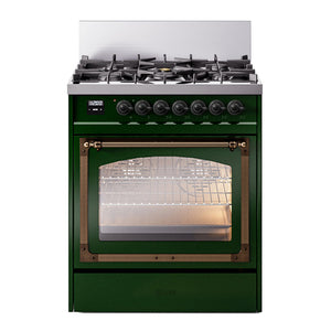 ILVE Nostalgie II 30-Inch Dual Fuel Range with 5 Sealed Burners, 4 cu. ft. Oven, Emerald Green with Burnished Trim, Natural Gas, Triple Glass Door, UN30NMPEGB