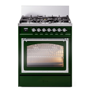 ILVE Nostalgie II 30-Inch Dual Fuel Range with 5 Sealed Burners, 4 cu. ft. Oven, Emerald Green with Chrome Trim, Natural Gas, Triple Glass Door, UN30NMPEGC