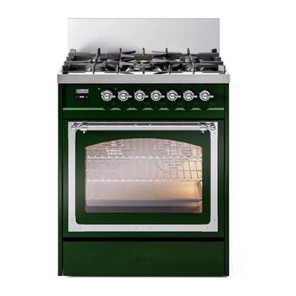 ILVE Nostalgie II 30-Inch Dual Fuel Range with 5 Sealed Burners, 4 cu. ft. Oven, Emerald Green with Chrome Trim, Natural Gas, Triple Glass Door, UN30NMPEGC