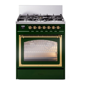 ILVE Nostalgie II 30-Inch Dual Fuel Range with 5 Sealed Burners, 4 cu. ft. Oven, Emerald Green with Brass Trim, Liquid Propane, Triple Glass Door, UN30NMPEGGLP