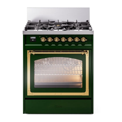ILVE Nostalgie II 30-Inch Dual Fuel Range with 5 Sealed Burners, 4 cu. ft. Oven, Emerald Green with Brass Trim, Liquid Propane, Triple Glass Door, UN30NMPEGGLP