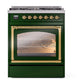 ILVE Nostalgie II 30-Inch Dual Fuel Range with 5 Sealed Burners, 4 cu. ft. Oven, Emerald Green with Brass Trim, Liquid Propane, Triple Glass Door, UN30NMPEGGLP