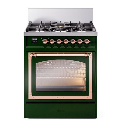 ILVE Nostalgie II 30-Inch Dual Fuel Range with 5 Sealed Burners, 4 cu. ft. Oven, Emerald Green with Copper Trim, Liquid Propane, Triple Glass Door, UN30NMPEGPLP