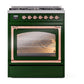 ILVE Nostalgie II 30-Inch Dual Fuel Range with 5 Sealed Burners, 4 cu. ft. Oven, Emerald Green with Copper Trim, Natural Gas, Triple Glass Door, UN30NMPEGP