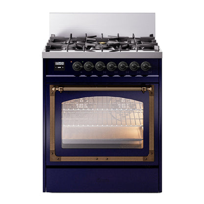 ILVE Nostalgie II 30-Inch Dual Fuel Range with 5 Sealed Burners, 4 cu. ft. Oven, Midnight Blue with Burnished Trim, Natural Gas, Triple Glass Door, UN30NMPMBB