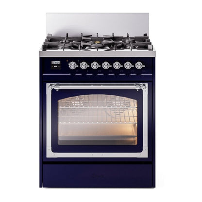 ILVE Nostalgie II 30-Inch Dual Fuel Range with 5 Sealed Burners, 4 cu. ft. Oven, Midnight Blue with Chrome Trim, Natural Gas, Triple Glass Door, UN30NMPMBC