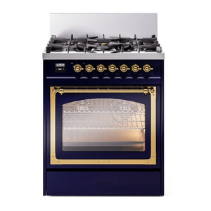 ILVE Nostalgie II 30-Inch Dual Fuel Range with 5 Sealed Burners, 4 cu. ft. Oven, Midnight Blue with Brass Trim, Natural Gas, Triple Glass Door, UN30NMPMBG